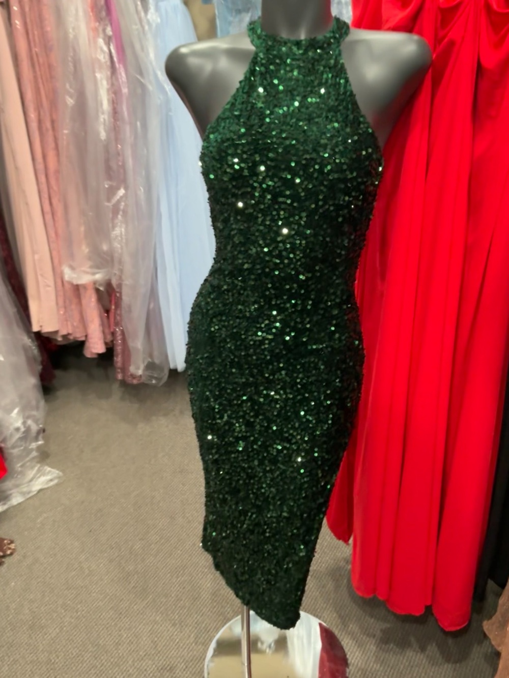 Sequin Halter Midi Dress in Emerald Green